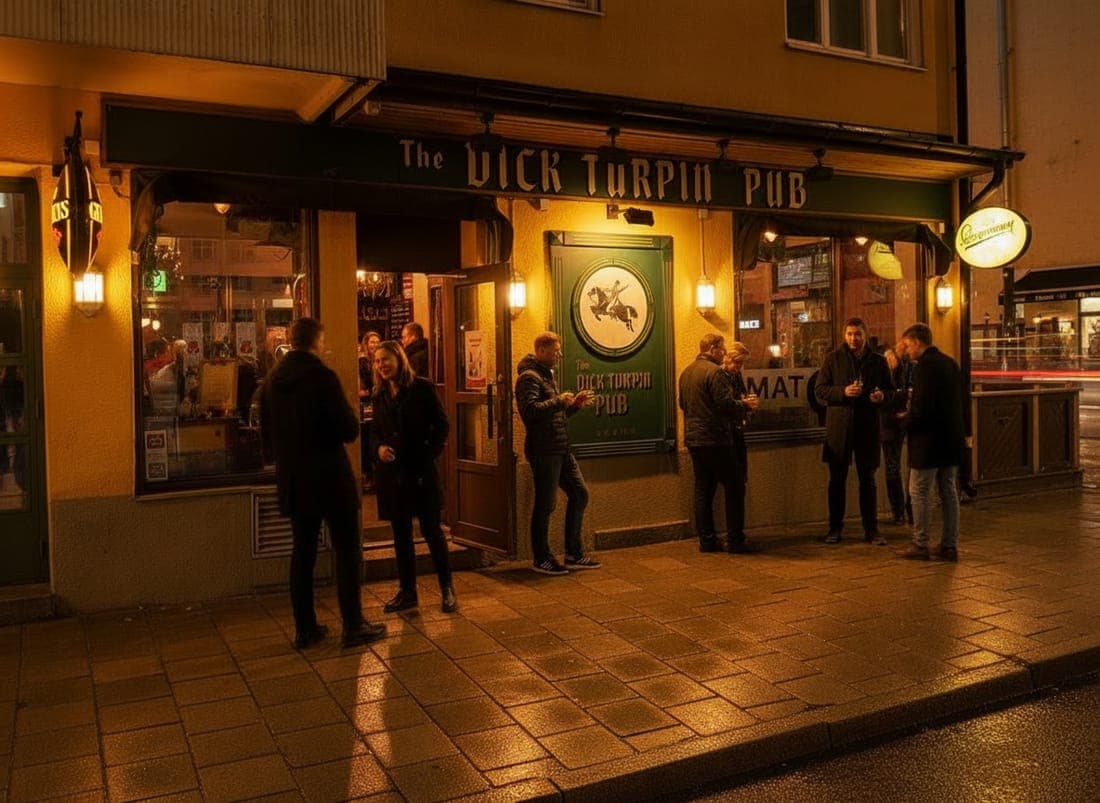 Gäster vid bardisken på Dick Turpin Pub